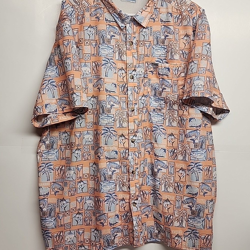 COLUMBIA Men's Patterned Short Sleeve PFG FISHING GEAR Shirt  Orange & Blue XXL